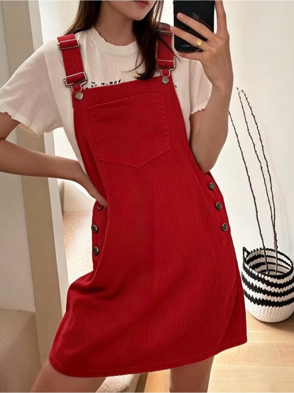 Cider Corduroy Mini Dress Overalls with Pocket in Bright Red